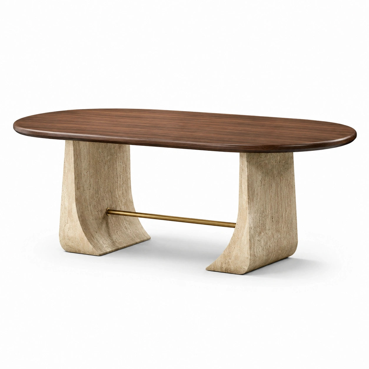 Table à manger ovale en bois et travertin avec barre en laiton 200 cm