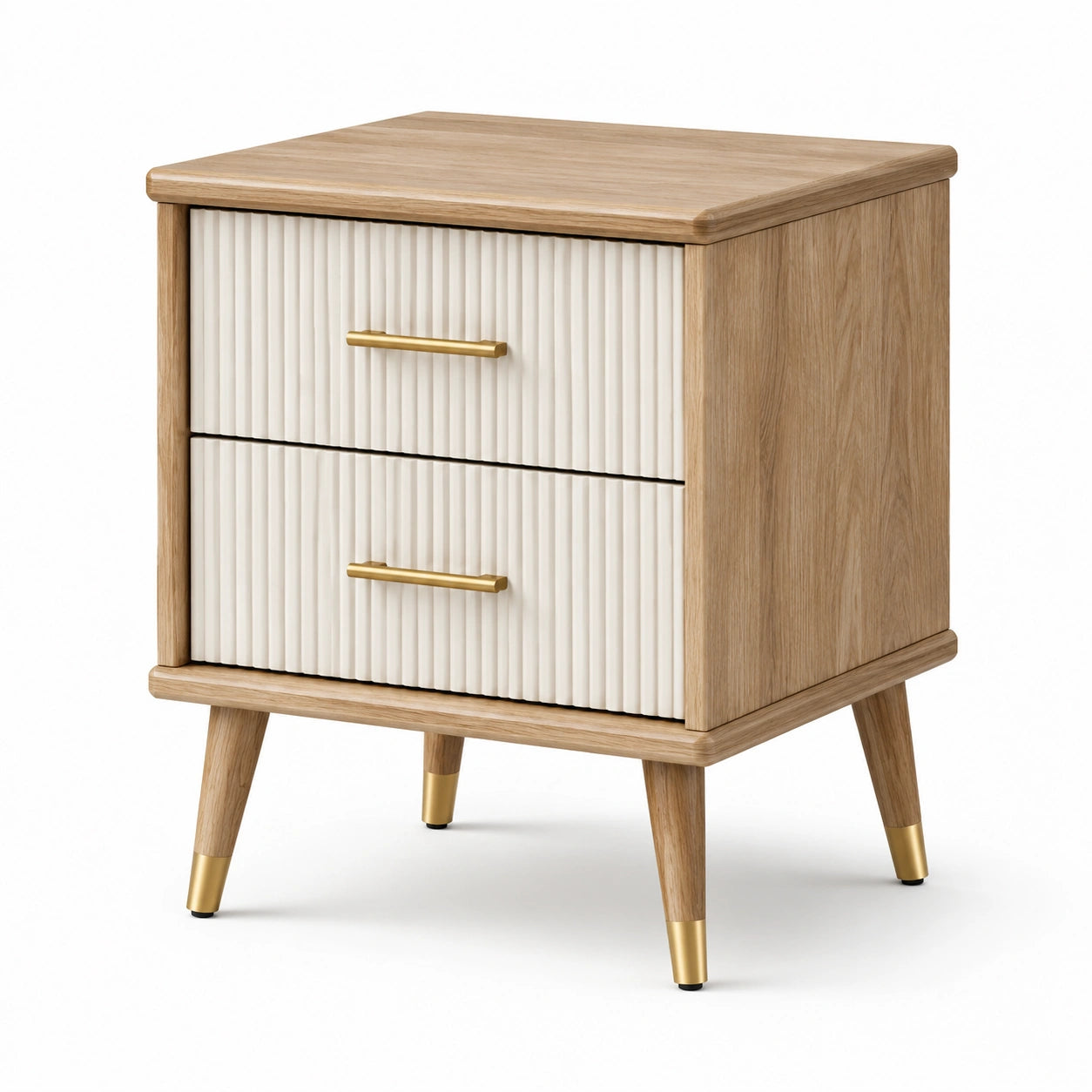 Table de chevet en bois avec poignées métalliques dorées