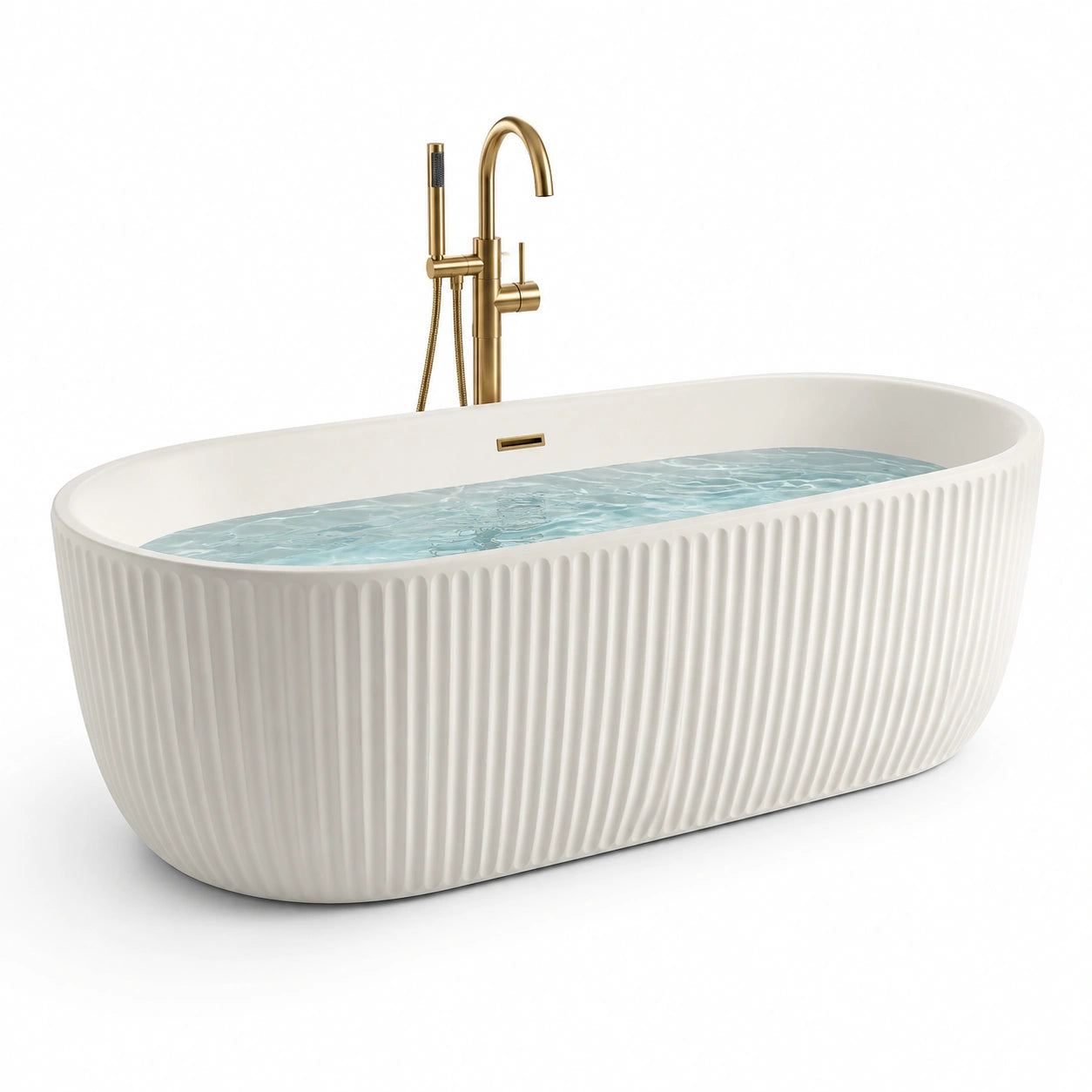 Baignoire îlot en acrylique strié blanc avec robinetterie en laiton doré