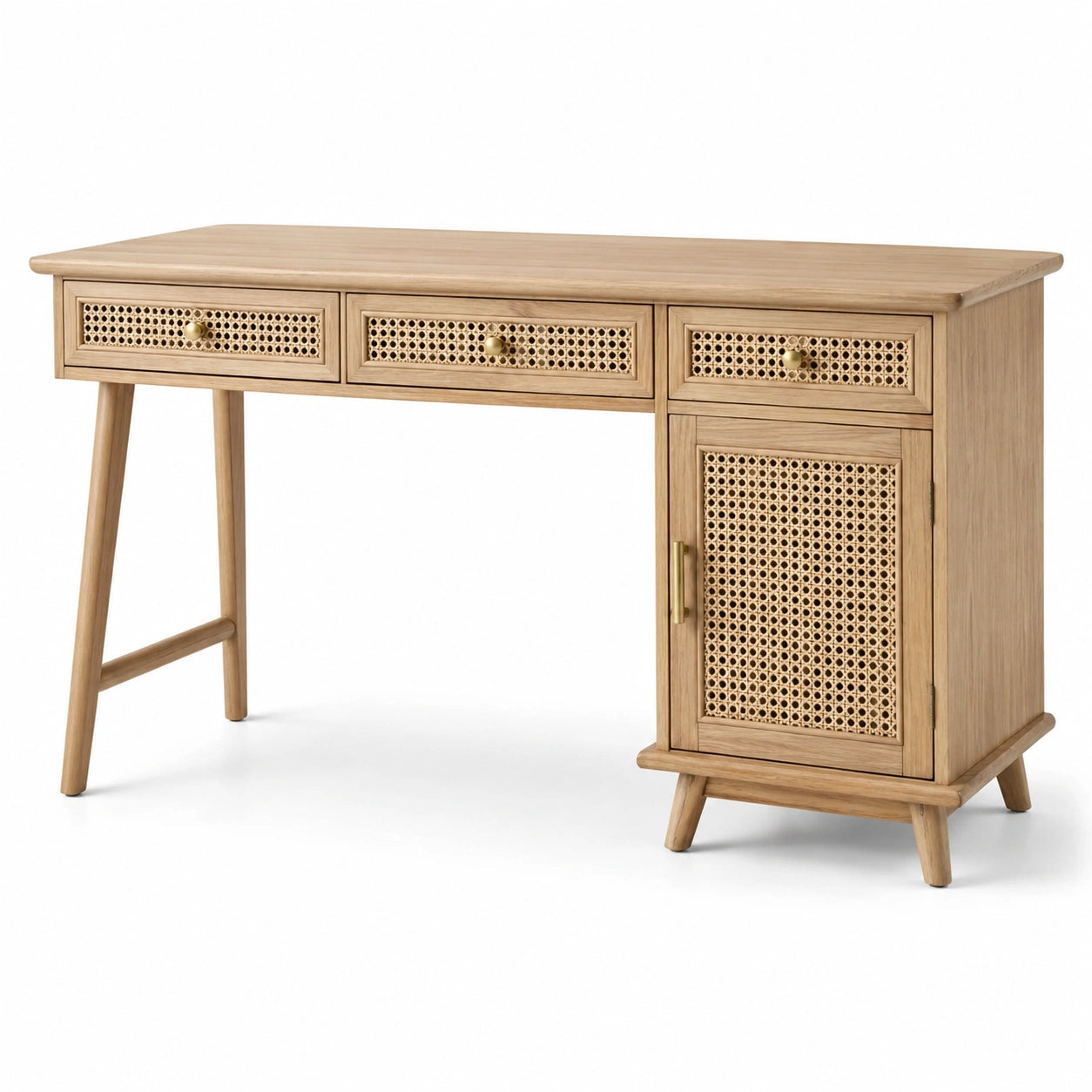 Bureau en bois de chêne avec tiroirs et porte en rotin 120 cm