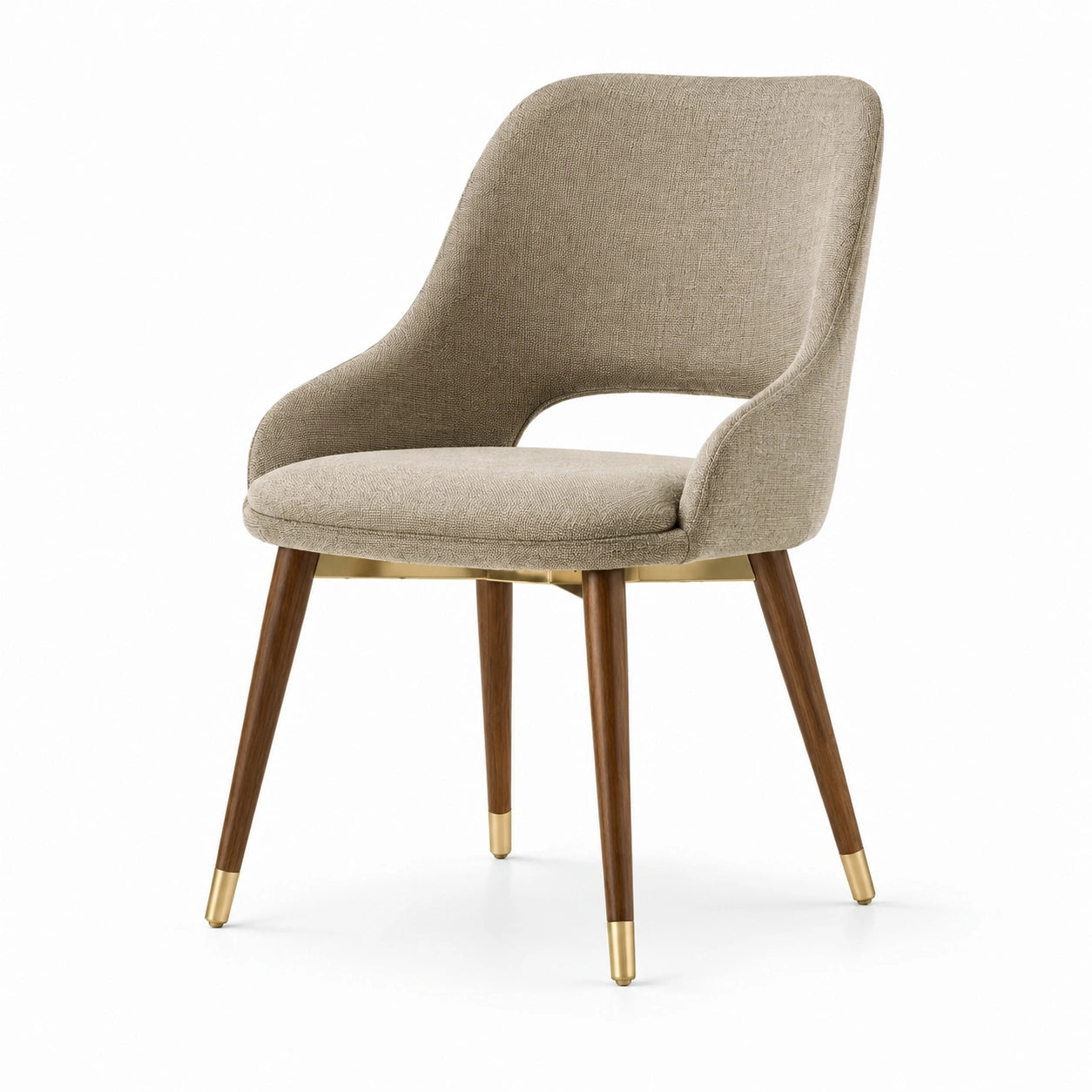 Chaise en bois noyer avec tissu en polyester beige et détails dorés