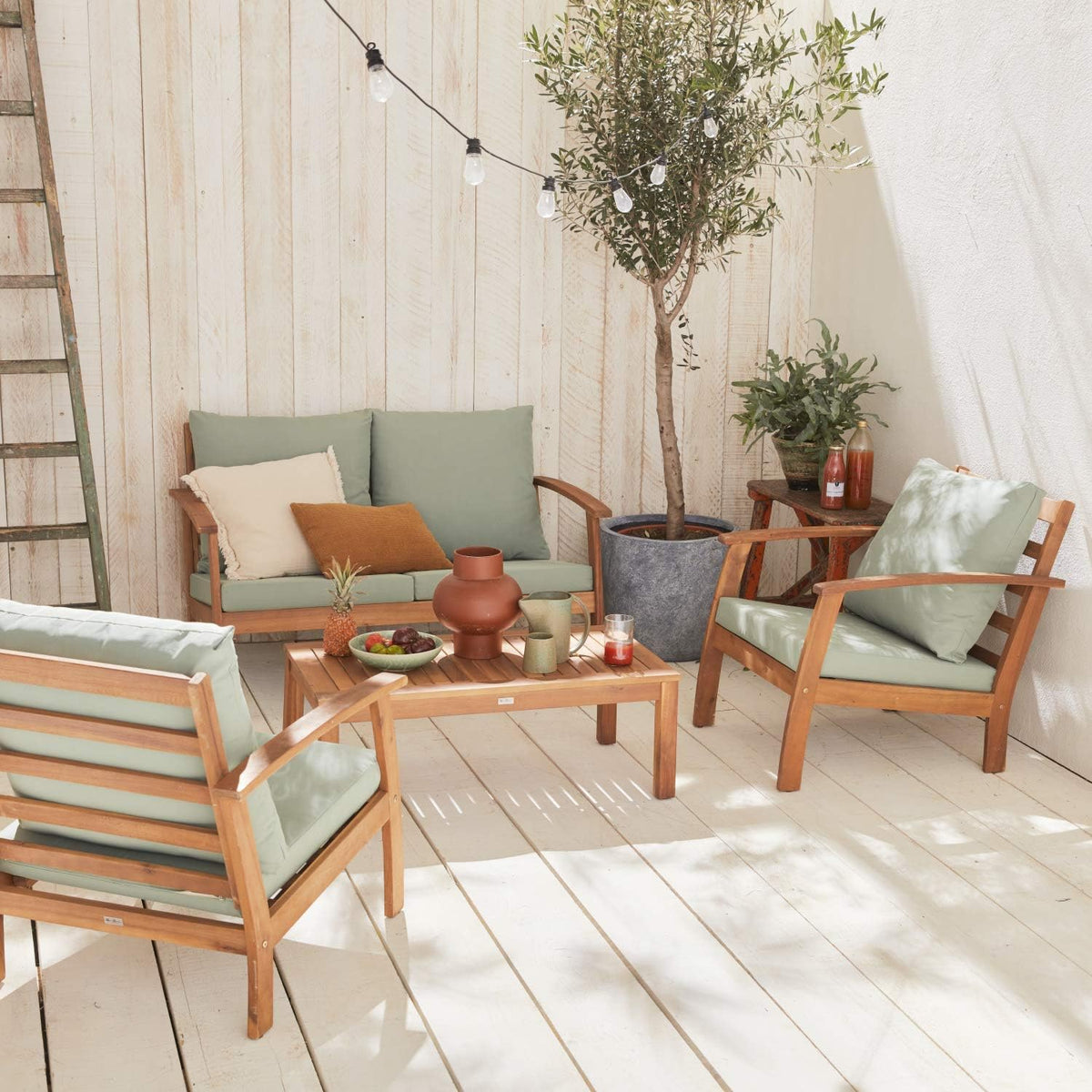 Alice's Garden, Canapé, 4 Places, Vert De Gris, Salon de Jardin en Bois 4 Places