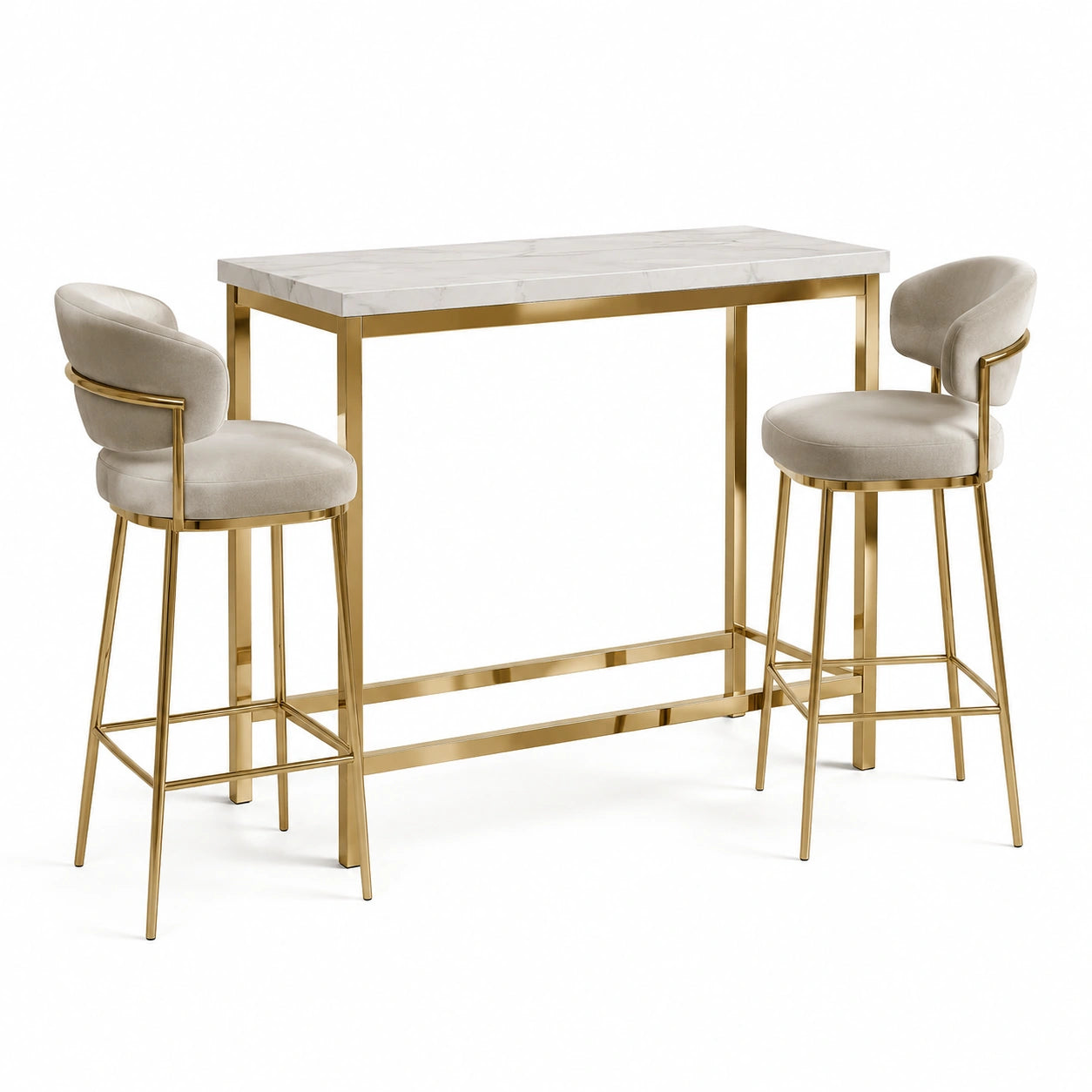Ensemble table haute en marbre artificiel et tabourets en acier inoxydable beige