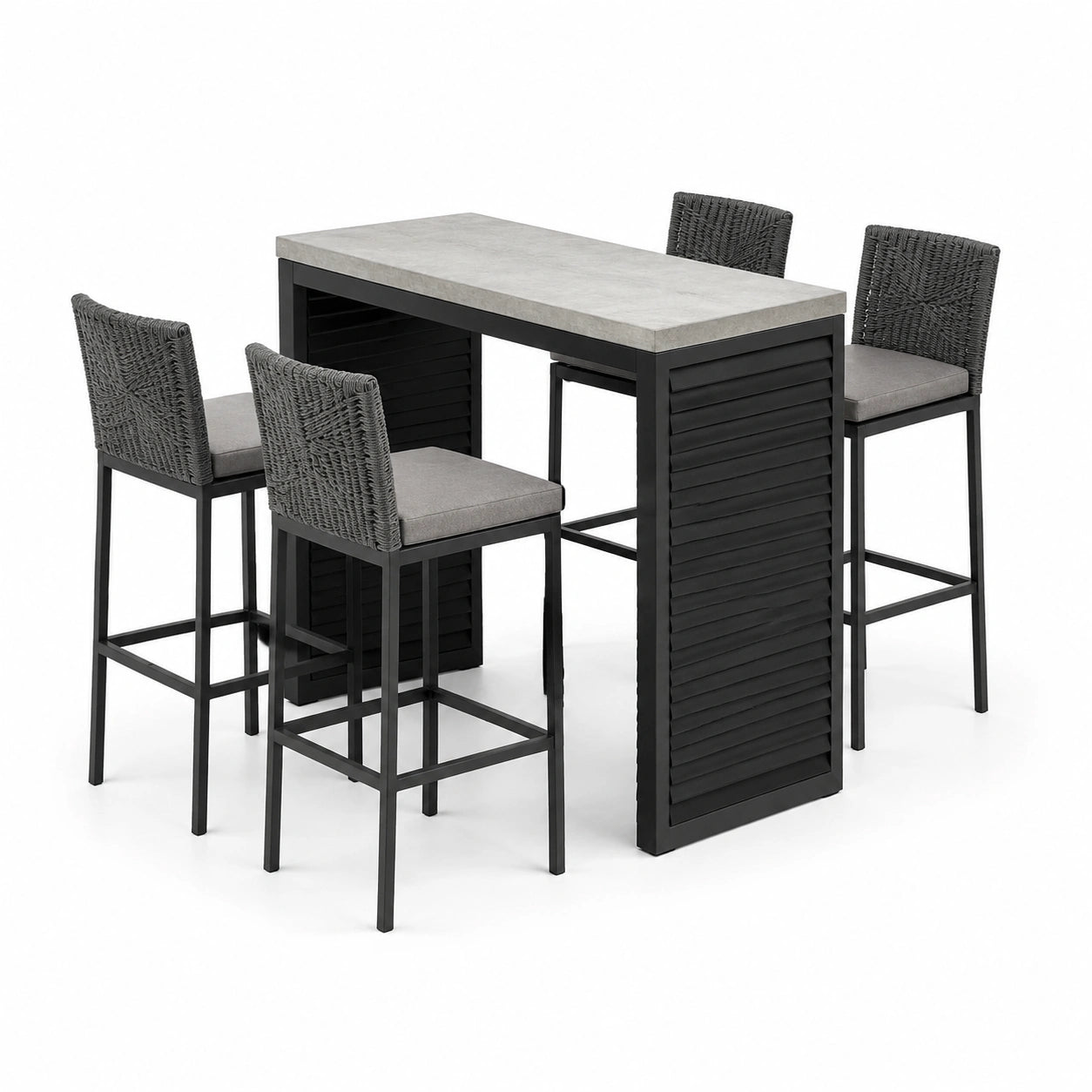 Ensemble table haute en acier et tabourets en rotin synthétique gris