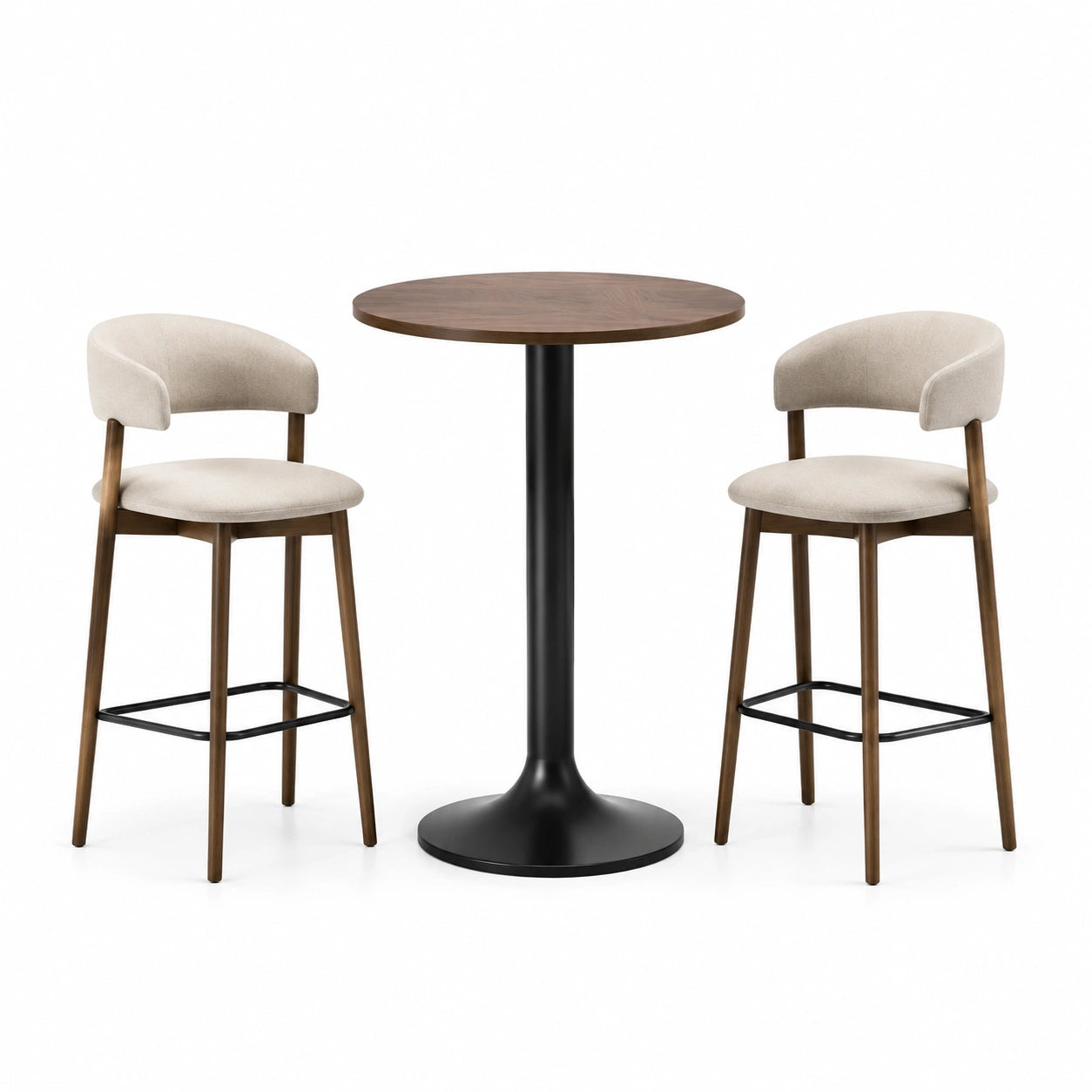 Ensemble table en bois noyer et tabourets en tissu beige