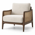 Fauteuil en bois avec accoudoirs en rotin et tissu écru