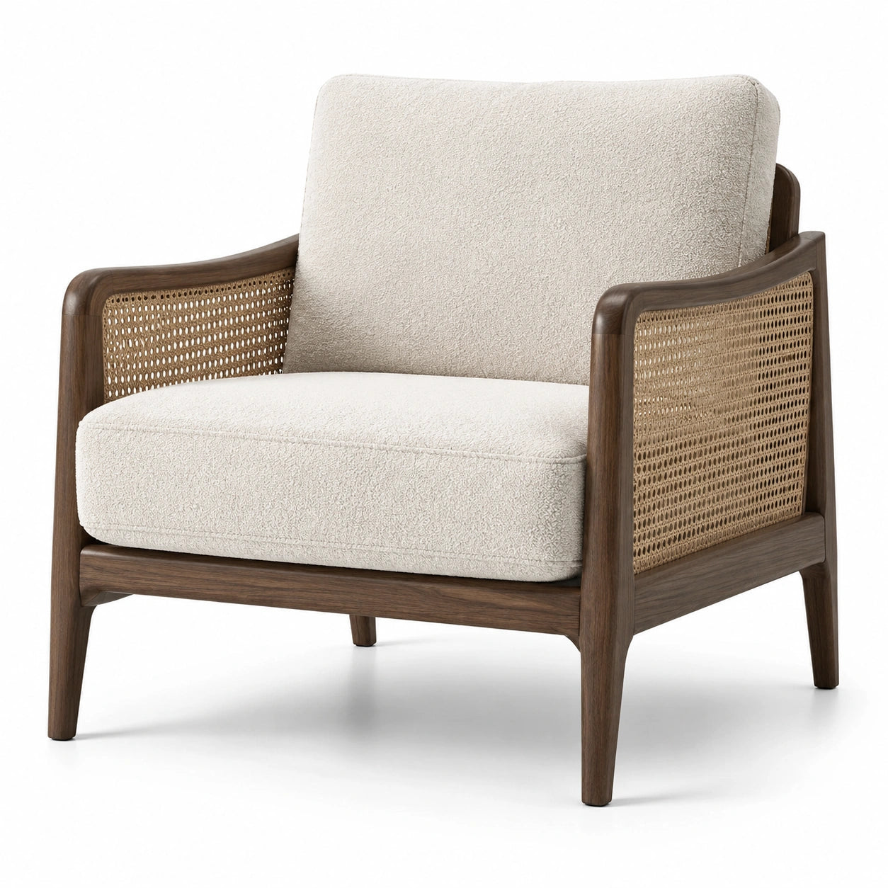 Fauteuil en bois avec accoudoirs en rotin et tissu écru
