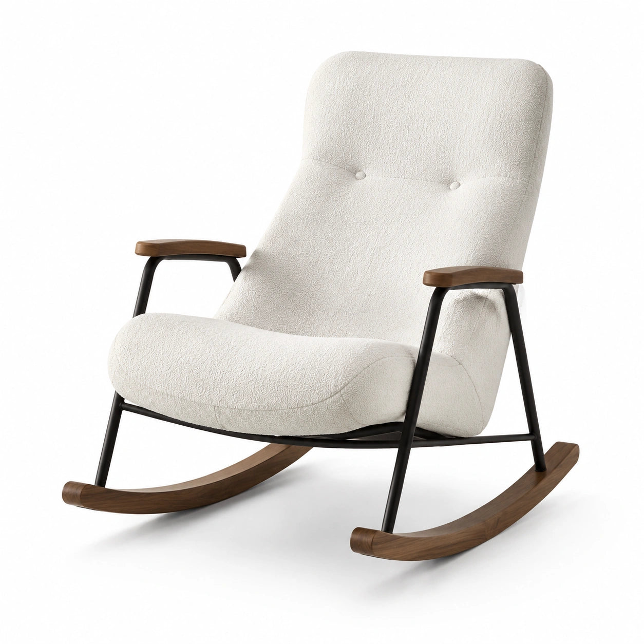 Fauteuil à bascule en métal et bois avec revêtement en tissu blanc