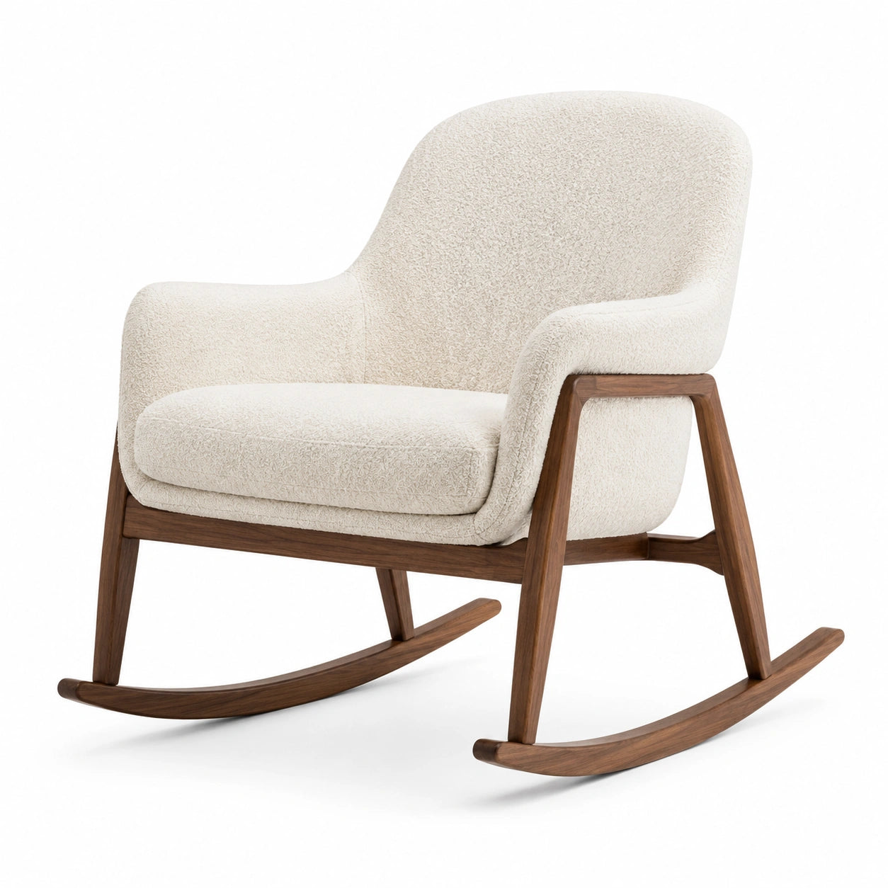 Fauteuil à bascule en bois avec tissu bouclé crème