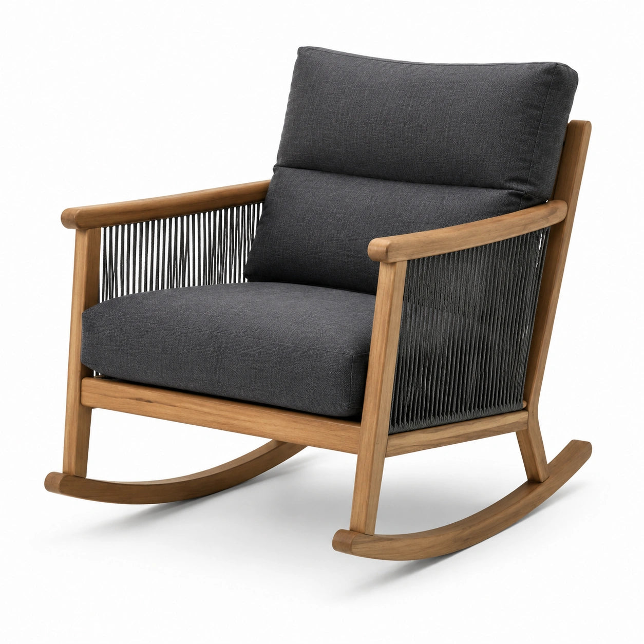 Fauteuil à bascule en bois et tissu polyester gris