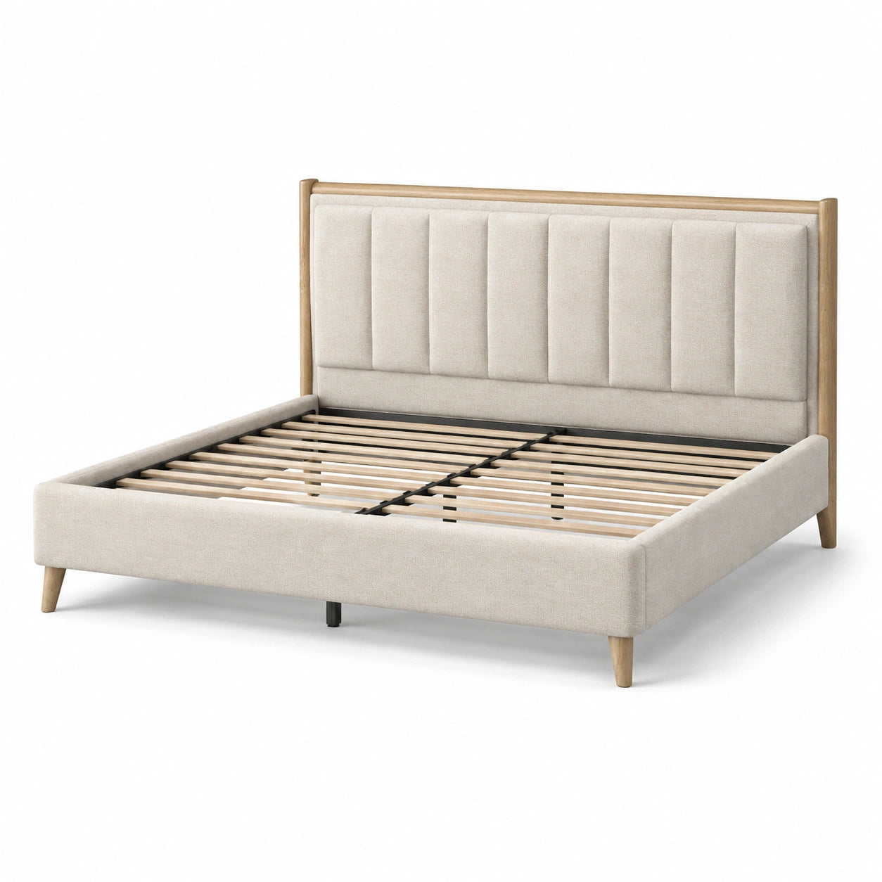 Lit double en bois avec revêtement en tissu beige 140x200 cm