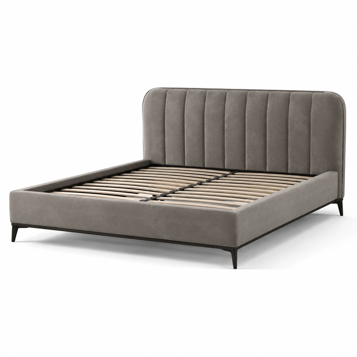 Lit en velours gris avec cadre en métal et lattes en bois