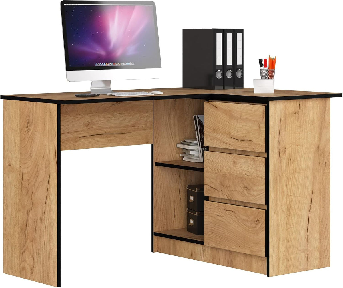 AKORD, Bureau, 2 étagères, 3 Tiroirs, Noir, d'angle avec 2 étagères et 3 Tiroirs